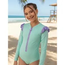 Maiô Infantil Manga Longa UV50+ Menina Body Estampado Zíper Praia Piscina Verão