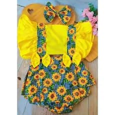 jardineira romper xadrez girassol infantil roupa festa junina xadrez acompanha o laço