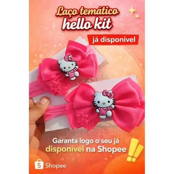 Laço Infantil Temático Hello Kit Rosa – Laço  com Aplique | Acessório de Cabelo Infantil