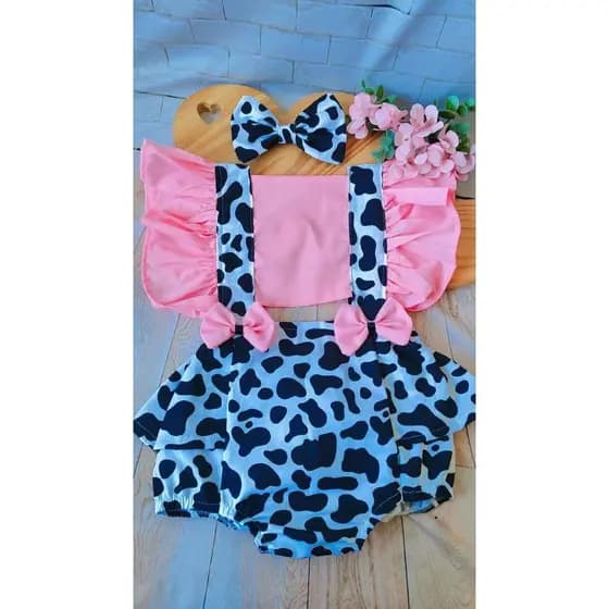Romper Bebê Fazendinha Vaquinha com Faixa de Cabelo – Body Infantil Menina Rosa e Preto – 6 a 12 meses