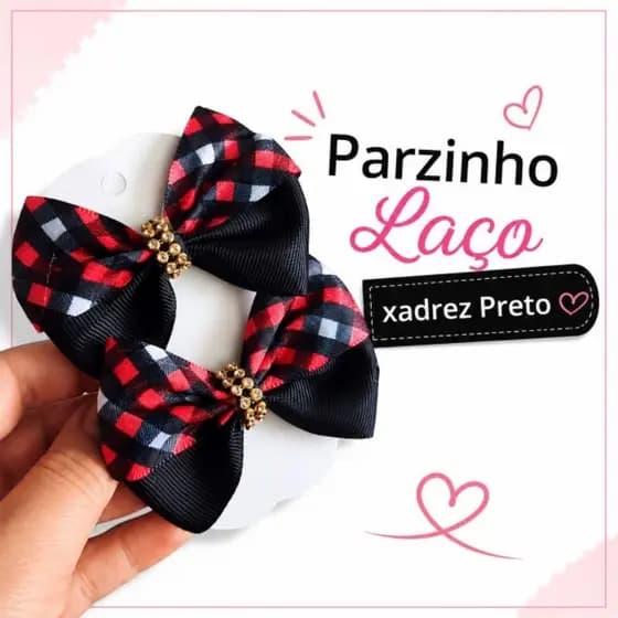 Par de Laços Xadrez Preto  com Strass | Presilha Infantil Elegante para Bebês e Meninas