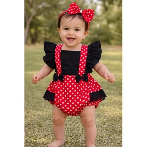 Romper Bebê Minnie Vermelha | Fantasia Minnie  | Roupa Temática Mesversário | Body Bebê Poá com Tiara