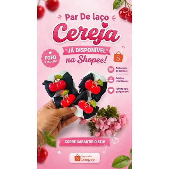 Parzinho de Laço Cereja Infantil 🍒 Laço Preto com Aplique – Presilha Delicada para Menina Bebê