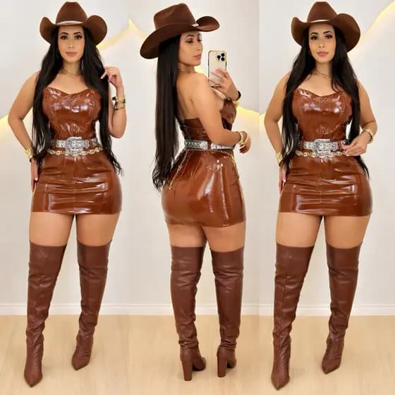 Conjunto Feminino em Vinil Premium Saia e Cropped Tomara que Caia – Look Country / Rodeio / Balada / Festa do Peão