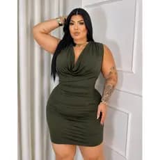 Vestido Plus Size Decote Drapeado Feminino Midi Curto Suplex Elegante Moda Blogueira