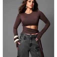 Cropped Feminino Manga Longa Suplex Sem Bojo Blusa Transpassada Ajustável Tam Único