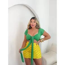 Conjunto Feminino Brasil Copa Shorts Saia + Cropped Amarração