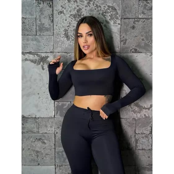 Conjunto Feminino Suplex Cropped e Calça Cós Alto Tamanho Único Confortável e Elegante