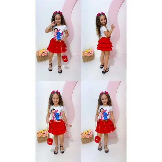 conjunto stitch  menina saia e blusa acompanha cinto, blusa e bolsa