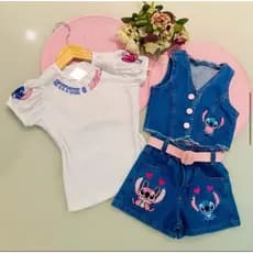 conjunto menina infantil stitch 3 peças tamanhos 2/4/6/8/10/12
