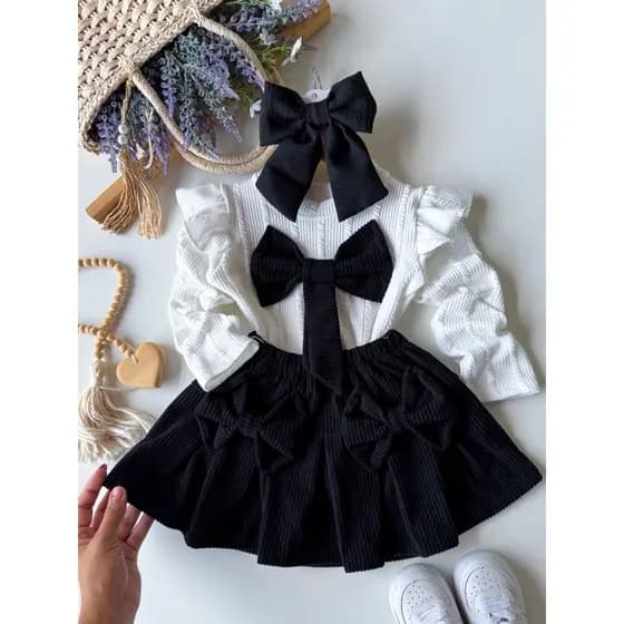 Conjunto Veludo Moda Infantil Para Meninas Blusa Manga Longa + Saia com Laços Look Delicado e Elegante