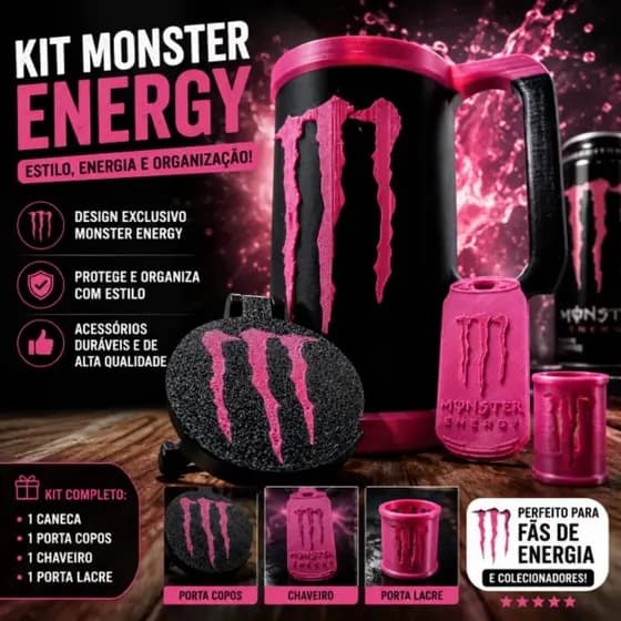 Porta Lata Monster Energy 473ml Kit Completo 3 em 1 Com Tampa Abridor + Brinde (Mini Brinde Impressão 3D) Monster 3D