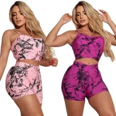 Conjunto Feminino Shorts Cintura Alta Top Suplex Tay Day Fitness Academia Treino Caminhada Marmorizado Confortável
