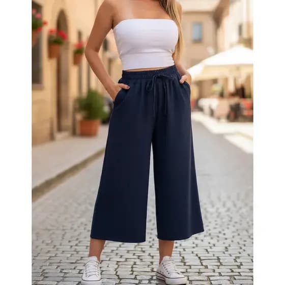 Calça Feminina Pantacourt Tecido Duna Com Forro E Bolso Elástico na Cintura