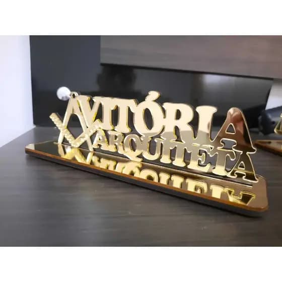 Letreiro de Mesa Personalizado em Acrílico Espelhado - Nome e Profissão - Base Premium Estável
