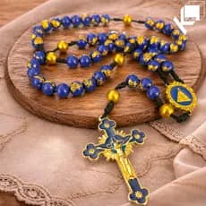 Rosário Católico Azul e Dourado terço Nossa Senhora Aparecida com Crucifixo Fé e Proteção Elegante