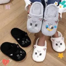 LIL Chinelos Femininos De Algodão , De Casal Quentes De Inverno Com Estampa De Gato Antiderrapantes E Confortáveis Para