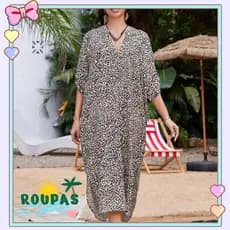 ROUPAS Blusa Protetora Solar De Verão , Vestido Longo Com Decote Em V , Roupa De Banho Solta , Camisa Casual De Praia