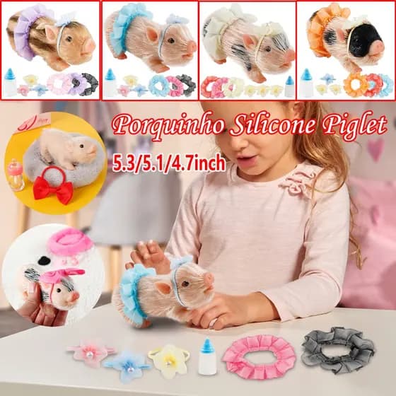 Porquinho Silicone Piglet Com Arco De Porco Garrafa De Enfermagem E Almofada De Dormir Lifelike for Kids