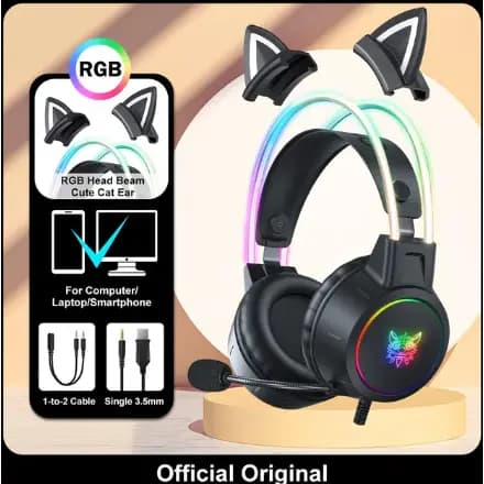 ONIKUMA X15 Pro Over-Ear Headphones Gaming Headset Wired Cancelando Fones De Ouvido Pink Cat Orelhas Rgb Luz Para PC PS4