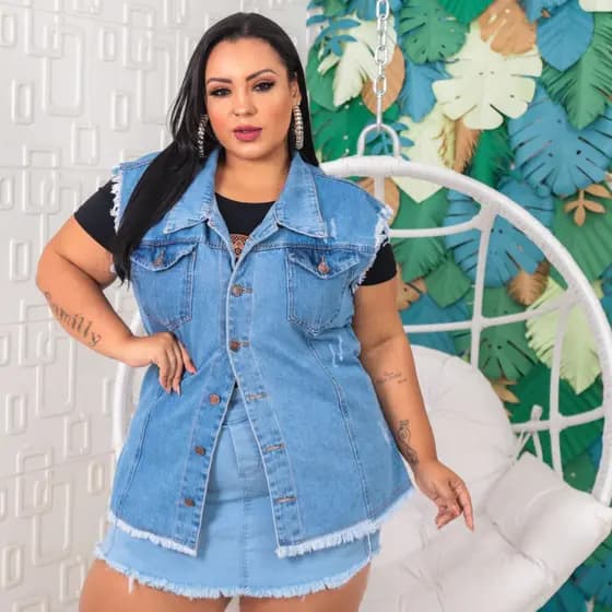 max Colete Jeans Feminino longo Plus Size barra desfiada sem lycra