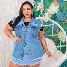 max Colete Jeans Feminino longo Plus Size barra desfiada sem lycra