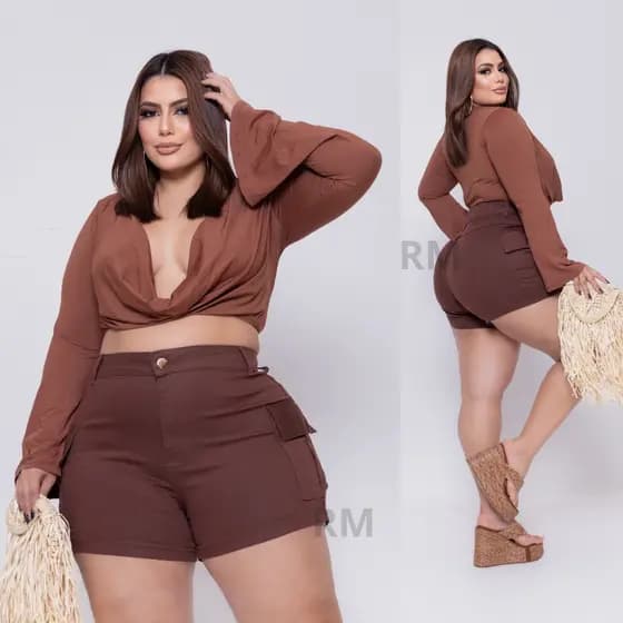 SHORTS JEANS FEMININO CARGO PLUS SIZE C/ LYCRA CINTURA ALTA MODA FEMININA