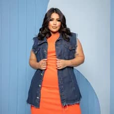 max colete jeans feminino plus size longo barra desfiada s/ lycra Moda Feminina