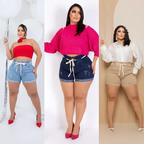 Short Jeans Feminino Plus Size C/ Lycra cintura alta com cordao no cos Moda Feminina
