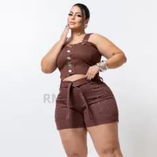 Conjunto Cropped E Short Jeans Feminino Plus Size C/ Lycra Jeans Feminino
