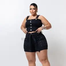 Conjunto Cropped E Short Jeans Feminino Plus Size Com Lycra Jeans Feminino