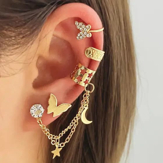 4pcs/Star Moon Butterfly Brincos Senhoras Incrustados Clipes de Cristal Sem Piercing Festa de Aniversário