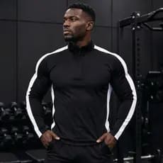 Jaqueta Masculina Esportiva Elastano Flanelado Dri-Fit Preto com Listras Brancas - Slim Fit Academia e Treino