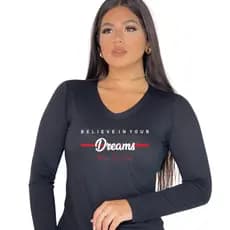 Blusa de Frio Feminina Estampada Believe Dreams Gola V Manga Longa Casual, Inverno