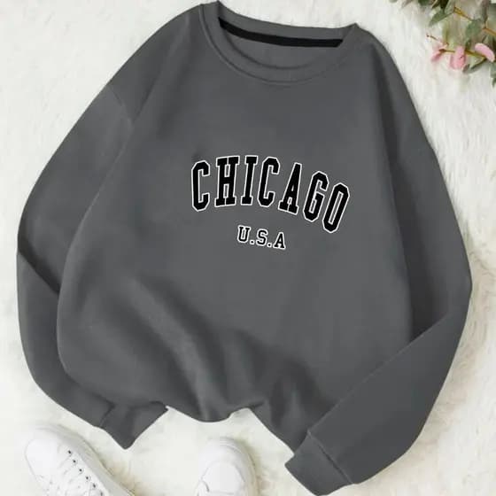 Moletom Gola Redonda Unissex Careca Blusa de Frio Casaco Feminino Masculino Flanelado  Algodão Chicago
