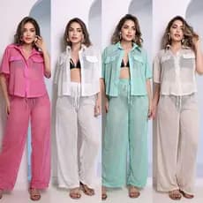 Saida De Praia Conjunto Camisa E Calça Telinha Moda Praia