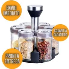 Porta Temperos Condimentos  Cozinha Giratório - Suporte com 6 Potes 100ml em Vidro-Aço Inox + Suporte