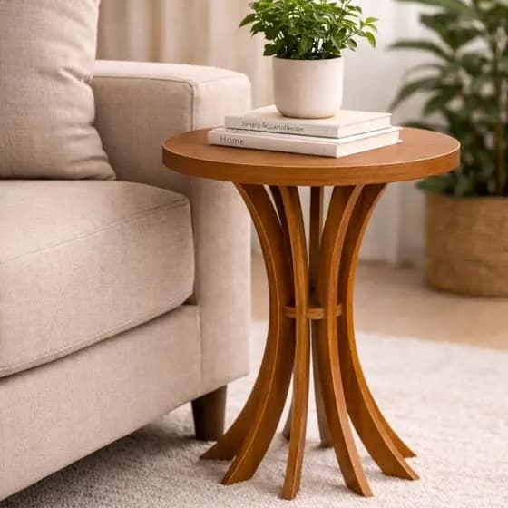 Mesa De Canto Redonda Lateral Sofá Cálice 60cm De Altura Louro Freijó Em MDF