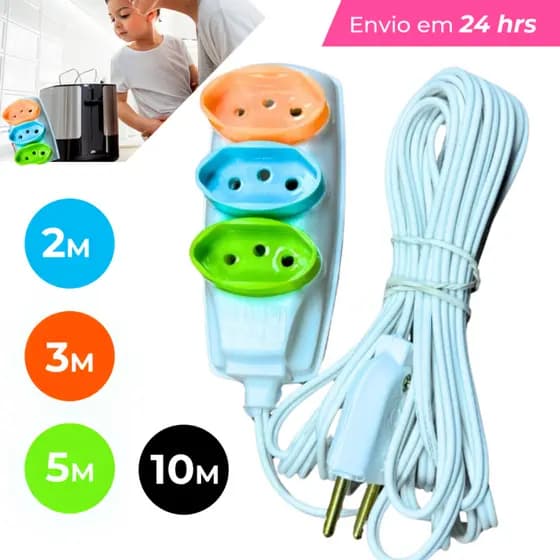 Extensão Elétrica  Durável Resistente C/INMETRO 2/3/5/10 (METROS) Bivolt - Tomadas Tripolares Coloridas COR BRANCA