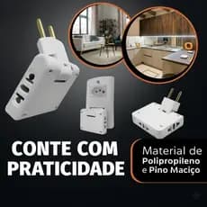 Adaptador tomada Articulado Dobrável 3 entradas 110V/220V Deslocado 10A Resistente Bivolt
