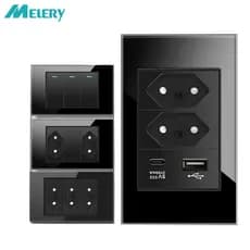 Tomada USB De Parede Do Brasil Interruptor De Pressão De Painel De Vidro Temperado Posições Outlet