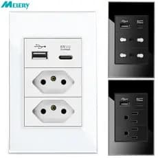 Melery 20A Brasil Eua Itália Chile Tomadas De Parede USB Tipo C Interruptor Plástico Temperado 118