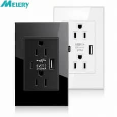 Melery Eua Tomada Duplex De Parede Elétrica USB Tipo-c Adaptador De Energia Vidro Temperado