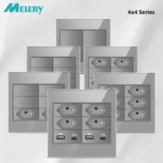Melery Painel De Vidro 4x4 À Prova De Fogo Padrão Brasil Saída Dupla USB Tipo C Interruptor Luminoso De Parede Cinza 20A