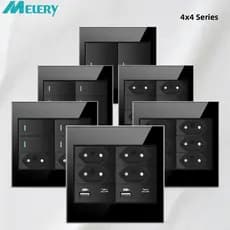 Melery Painel De Vidro 4x4 À Prova De Fogo Padrão Brasil Saída Dupla USB Tipo C Interruptor Luminoso De Parede Preto 20A