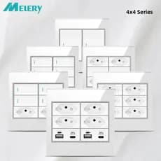 Melery 4x4 Painel De Vidro À Prova De Fogo Brasil Tomada Padrão Duplo USB Tipo C De Parede Interruptor De Luz Escritório