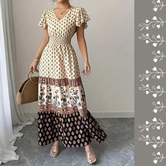 Vestido Feminino Estilo Boêmio com Estampa Floral, Decote em V, Manga Bufante e Saia na Cintura, festa, trabalho, lazer