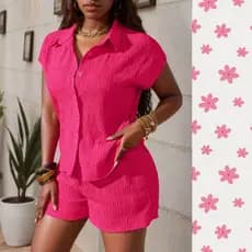 Conjunto Casual Feminino de Camisa de botão com Manga Curta e Short curto, lazer praia dia a dia passeio