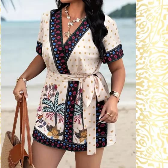 Macaquinho Feminino Plus Estampado com faixa na cintura, macaquinho de short curto Plus Size