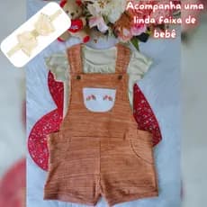 Kit 3 Peças Bebê Menina Jardineira/Body e Faixa de Cabelo P M e G